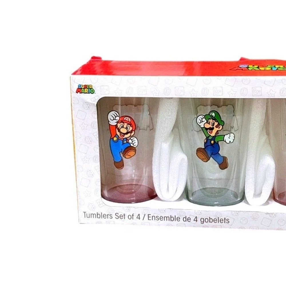 Nintendo Super Mario Set of 4 Glass Tumblers 16oz Mario Luigi Peach Bowser NIB